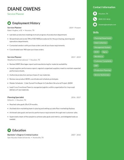 Service Planner Resume