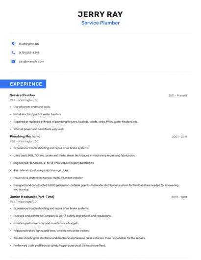 Service Plumber Resume