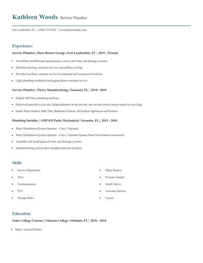 Service Plumber Resume