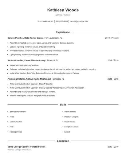 Service Plumber Resume