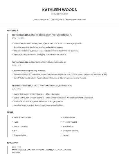 Service Plumber Resume
