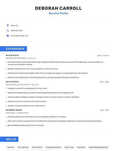 Service Porter Resume