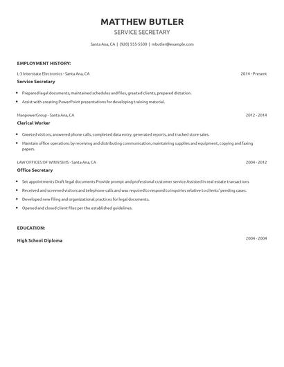 Service Secretary Resume
