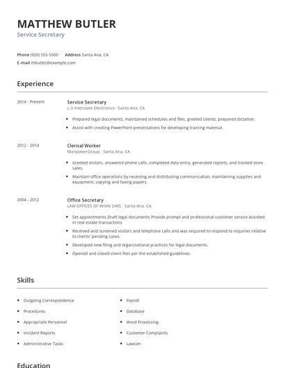 Service Secretary Resume