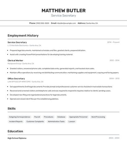 Service Secretary Resume