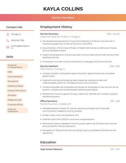 Service Secretary Resume