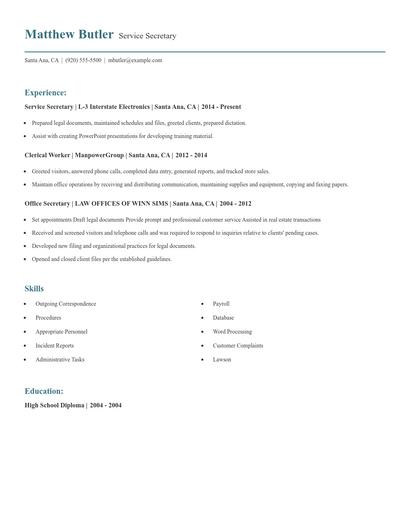 Service Secretary Resume