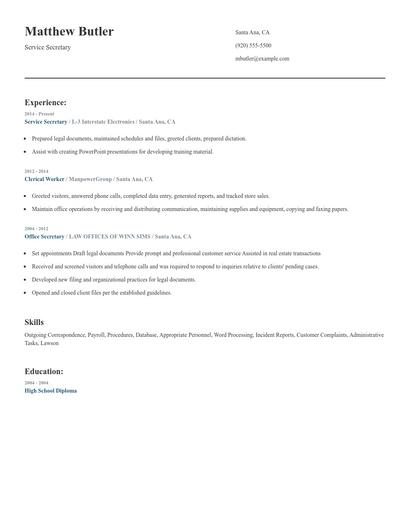 Service Secretary Resume