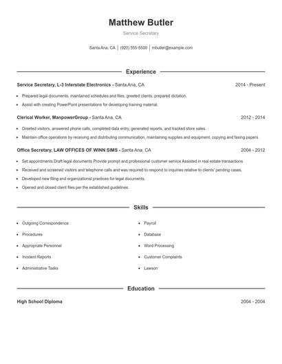 Service Secretary Resume