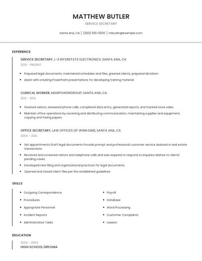 Service Secretary Resume