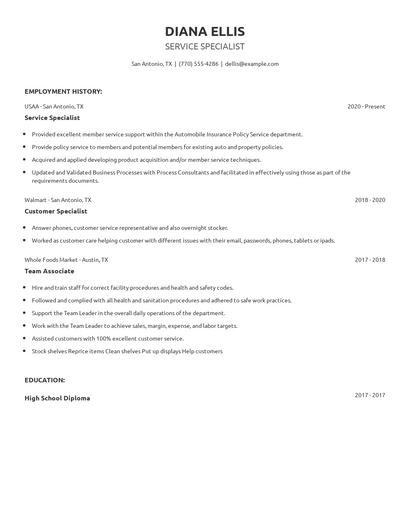 Service Specialist Resume