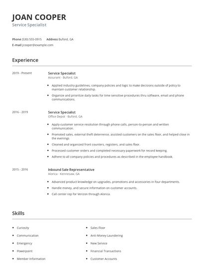 Service Specialist Resume