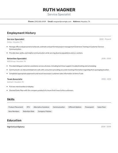 Service Specialist Resume