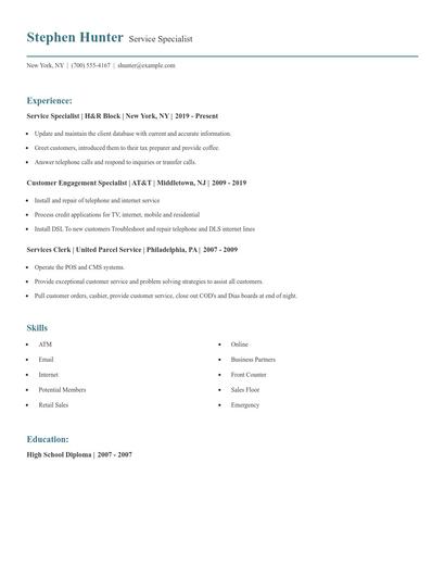 Service Specialist Resume