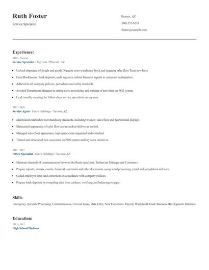 Service Specialist Resume
