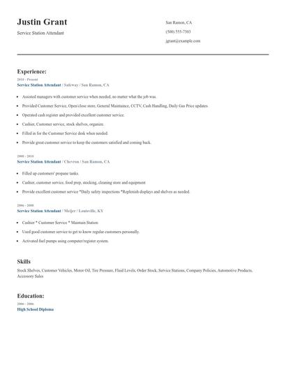 Service Station Attendant Resume