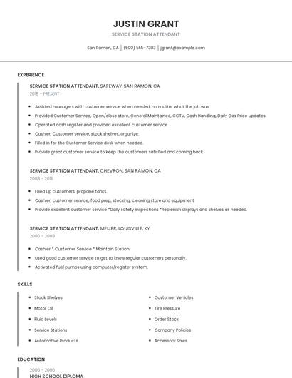 Service Station Attendant Resume