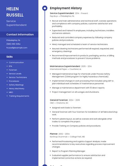 Service Superintendent Resume