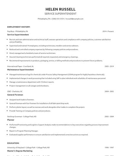 Service Superintendent Resume