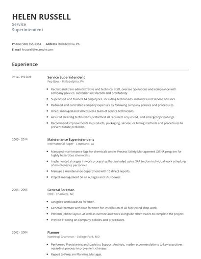 Service Superintendent Resume