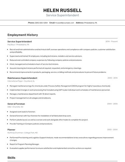 Service Superintendent Resume