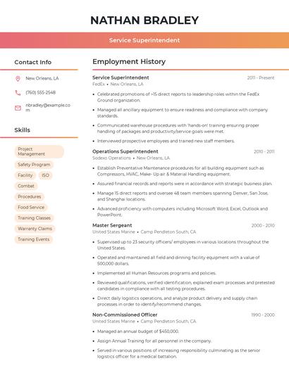 Service Superintendent Resume