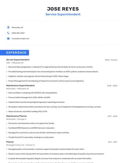 Service Superintendent Resume