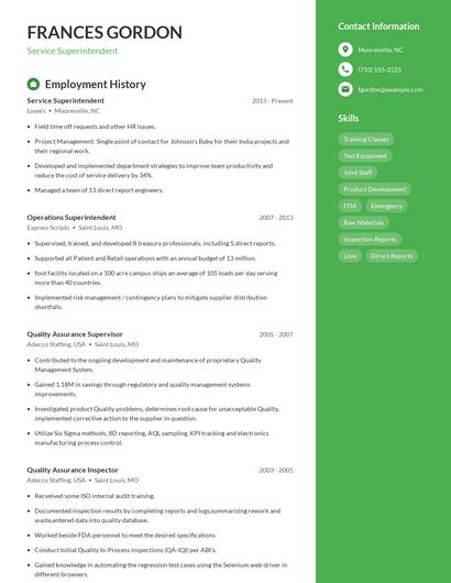 Service Superintendent Resume