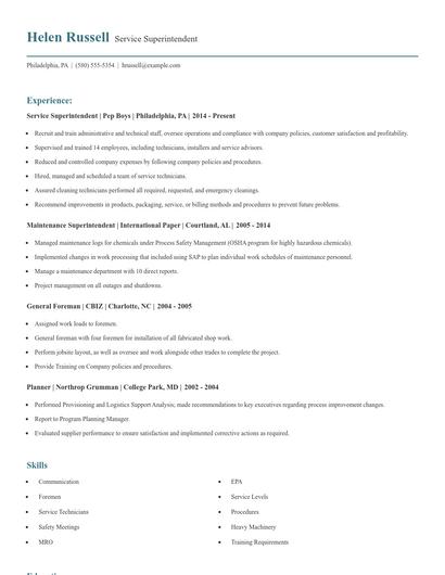 Service Superintendent Resume