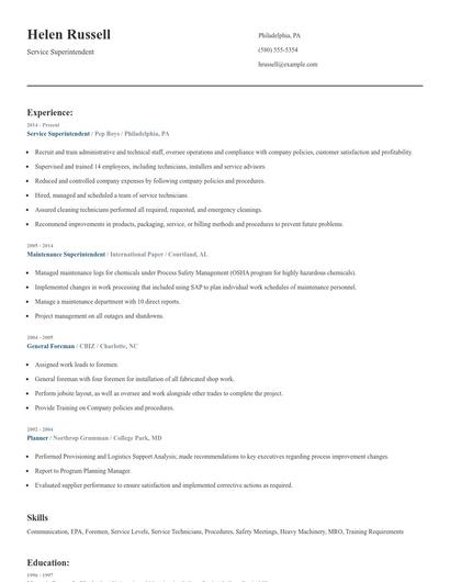 Service Superintendent Resume