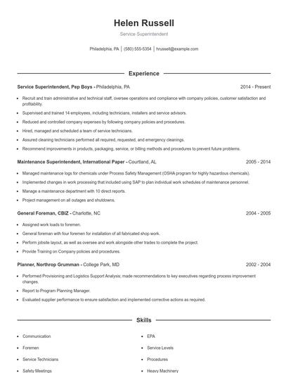 Service Superintendent Resume