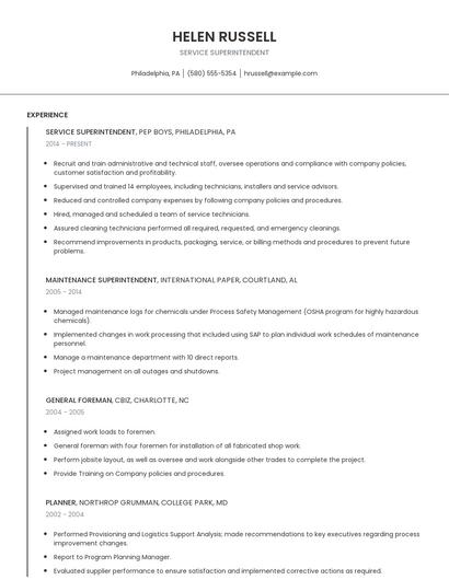 Service Superintendent Resume