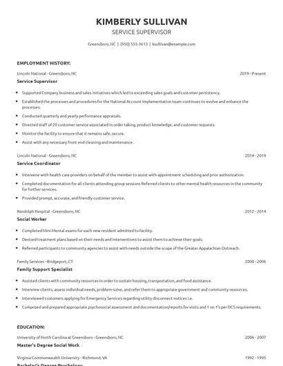 Service Supervisor Resume