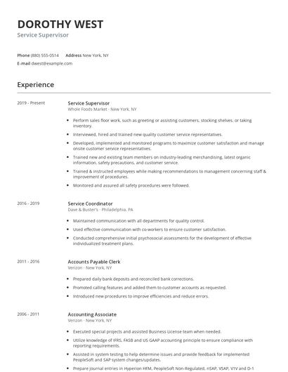 Service Supervisor Resume
