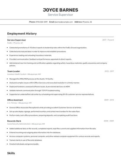 Service Supervisor Resume