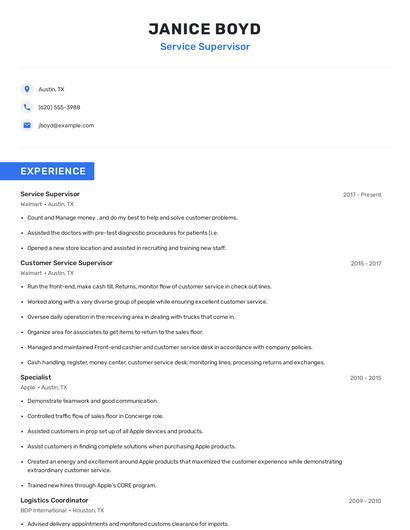 Service Supervisor Resume