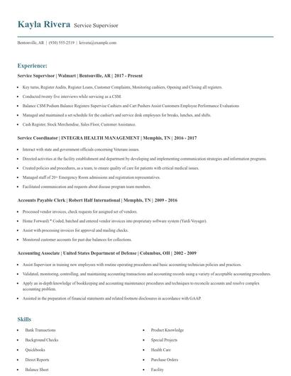 Service Supervisor Resume