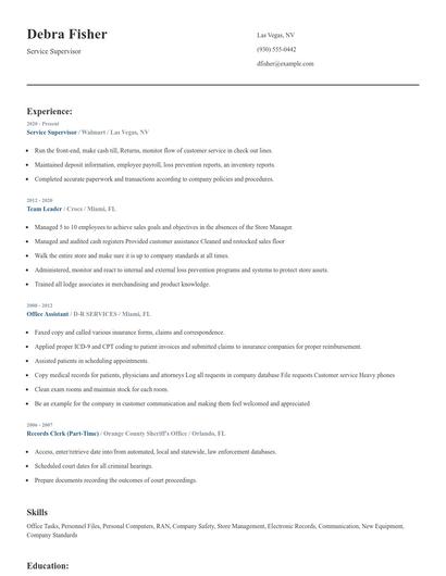 Service Supervisor Resume