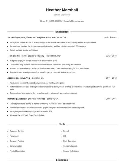 Service Supervisor Resume
