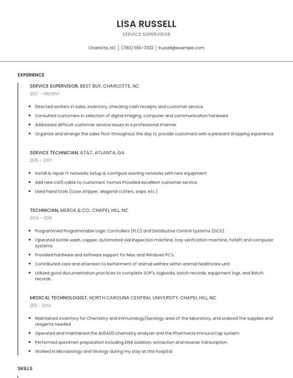 Service Supervisor Resume