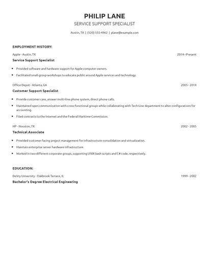 Service Support Specialist Resume