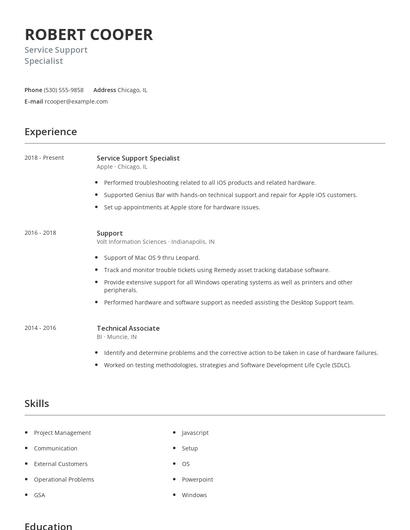 Service Support Specialist Resume