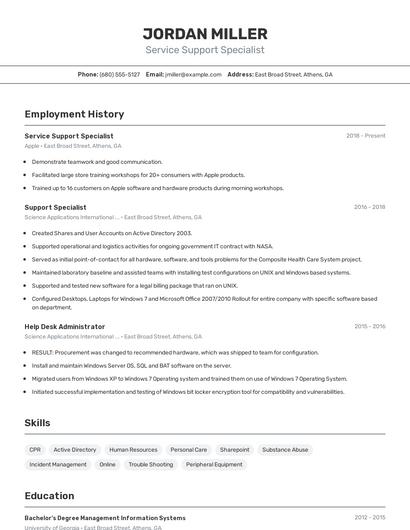 Service Support Specialist Resume