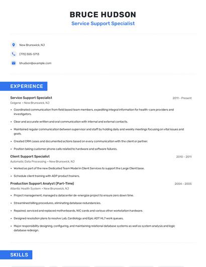 Service Support Specialist Resume
