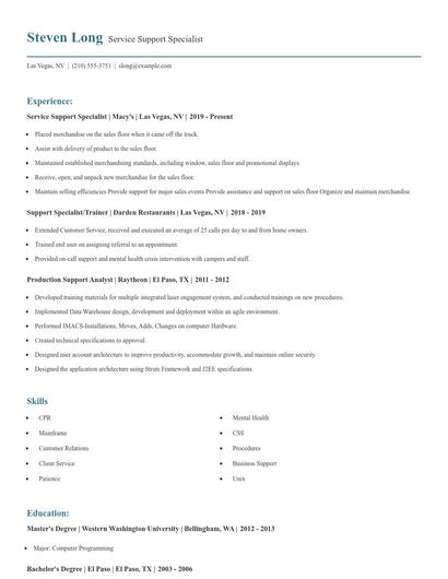 Service Support Specialist Resume