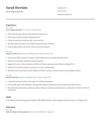 Service Support Specialist Resume