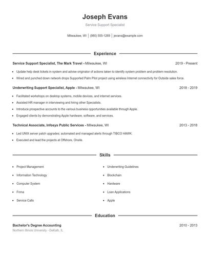 Service Support Specialist Resume