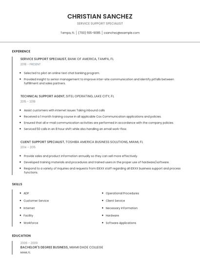 Service Support Specialist Resume