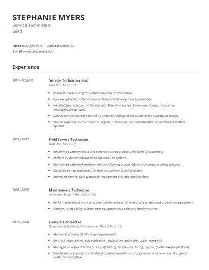 Service Technician Lead Resume