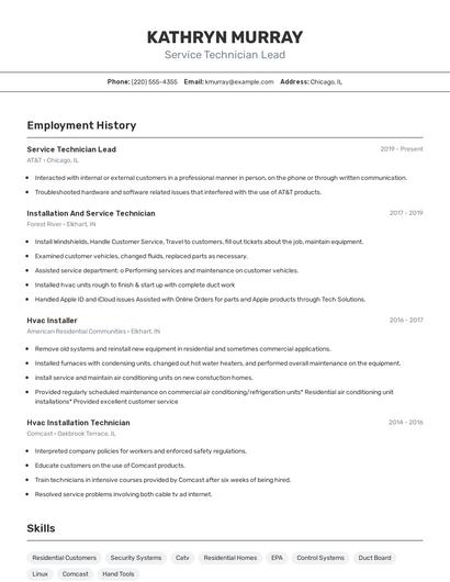 Service Technician Lead Resume